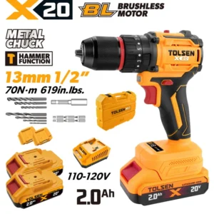 20V X20 Compact Brushless Cordless 1/2″ Hammer Drill, 70 N·m (2×2.0Ah, 110-120V)