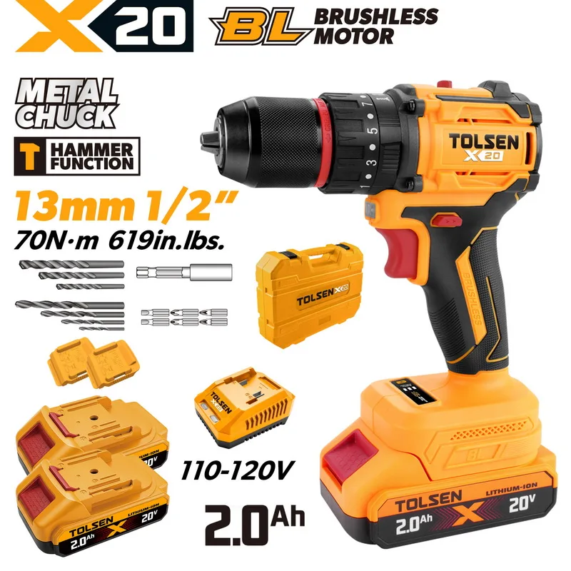 20V X20 Compact Brushless Cordless 1/2″ Hammer Drill, 70 N·m (2×2.0Ah, 110-120V)
