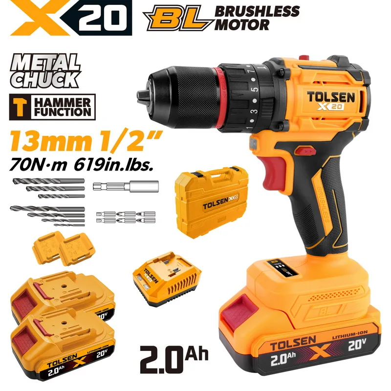 20V X20 Compact Brushless Cordless 1/2″ Hammer Drill, 70 N·m (2×2.0Ah)